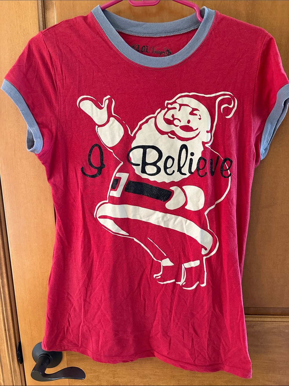 L.O.L. Vintage Christmas Santa I Believe Ringer Graphic Tee T-Shirt Large L